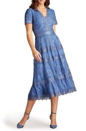 Tadashi Shoji Lace & Mesh Midi Cocktail Dress in Blue Stone at Nordstrom, Size 10