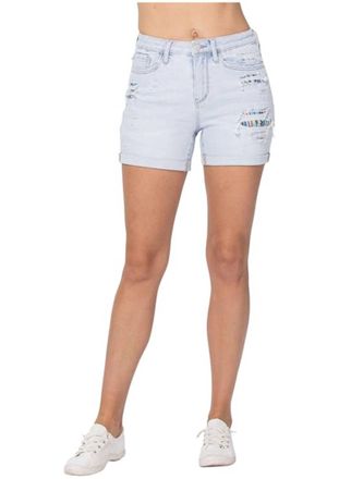 Judy Blue High-Rise Cuffed Printed Lining Shorts In Light Blue