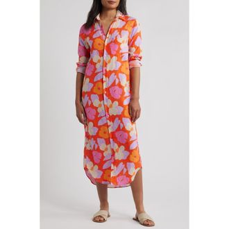Frank & Eileen Long Sleeve Linen Midi Shirtdress in Large Floral Pink Orange at Nordstrom Rack, Size Medium