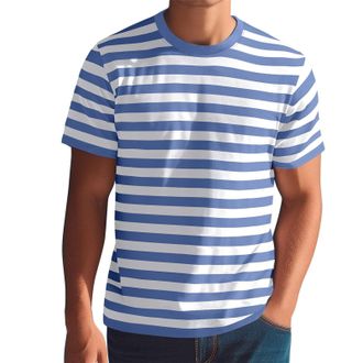 Generic Stripe Shirt Men Short Sleeve Summer Crew Neck Casual Tops Stylish Fashion Beach Holiday Vacation Printed Tee Shirts Sky Blue