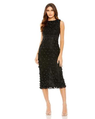 Mac Duggal Floral Applique High Neck Sleeveless Midi Dress in Black at Nordstrom, Size 12
