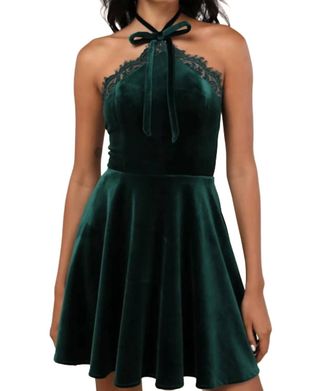 Lulus Velvet Lace Halter Skater Mini Dress In Emerald