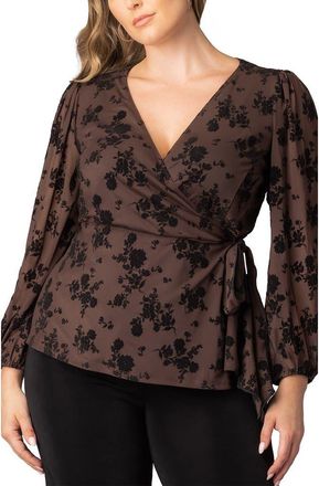 Kiyonna Alissa Print Wrap Top in Sable Flocked Florals at Nordstrom, Size 5X