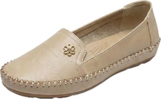 Generic Stylish Orthopedic Leather Shoes Womens Elegant Flats Soft Slip-On Walking Lightweight Casual Comfort Loafers for Daily Wear (Beige, Adult, Women, 7.5