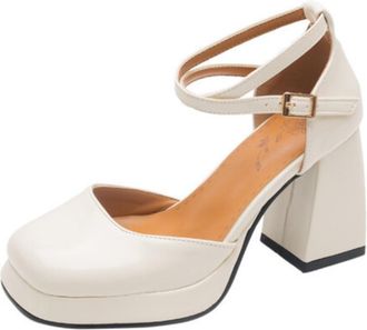 Generic Women Platform Pumps Patent Finish Square Toe Chunky Heel Cross Ankle Strap Gold Buckle Open Back Non Slip Durable Comfortable Dress Party Shoes,White