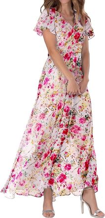 Generic Maxi Dresses for Women UK,Summer Dresses for Women UK 2025 Causal V-Neck Button Short Sleeve Vacation Floral Dress Boho Ladies Maxi Printing Dress Par