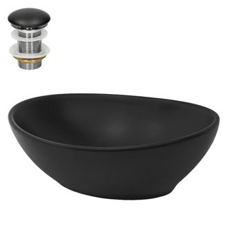 ML Design Lavamanos ovalado de ceramica negra sobre encimera con desag&uuml;e