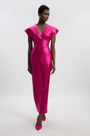 Karen Millen Deep V-Neck Angel Sleeve Maxi Dress in Hot Pink at Nordstrom, Size X-Small