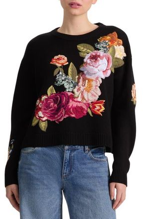 Alice & Olivia Belva Embroidered Floral Wool Blend Sweater in Black Multi at Nordstrom, Size Medium