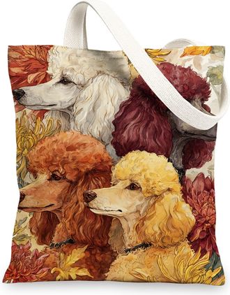 Generic Poodle Canvas Tote Bags, Colorful Dog Design Reusable Grocery Bags, Artistic Vintage Floral Lightweight Washable Shoulder Bags for Shopping Travel Bea