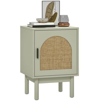 HOMCOM Boho Bedside Table with Rattan Door and Adjustable Shelf - Green | TJ Hughes