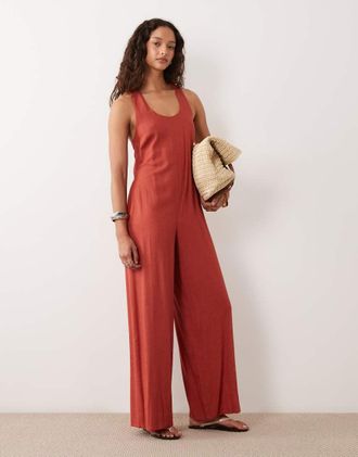 Asos Tuta jumpsuit a fondo ampio color ruggine con incrocio sul retro-Ramato