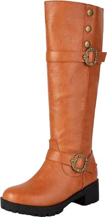 Generic Womens Leisure Knee High Boots Round Toe Medium Block Heel Platform With Side Zipper And Metal Decoration Casual Wear