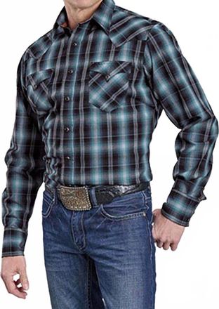 Roper West Made Snap Dobby Plaid Western Shirt In Blue