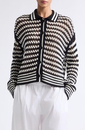 Max Mara Tipped Stripe Cotton Cardigan in White Blue at Nordstrom, Size Medium
