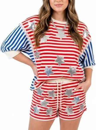Bibi Firecracker Sequin Star Shorts In Red/blue/white/silver