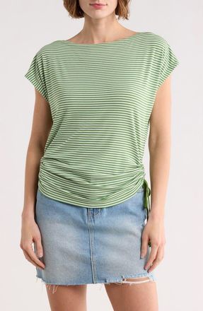 Max Studio Stripe Rib Ruched T-Shirt in Green/Ecru Stripe at Nordstrom Rack, Size X-Small