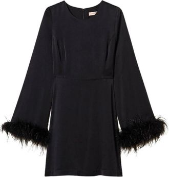 Twinset Korte satijnen jurk met veren - Dames - Korte kleedjes - Zwart - S - Satijn - Kleedjes