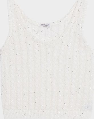 Brunello Cucinelli Linen Pailette Charming Cable Scoop-Neck Tank Top