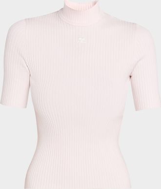 Courr&egrave;ges Mock-Neck Short-Sleeve Rib Pullover
