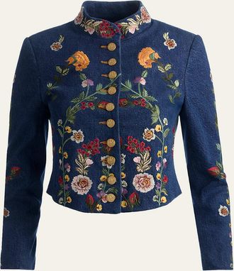 Alice & Olivia Emerson Embroidered Denim Military Jacket