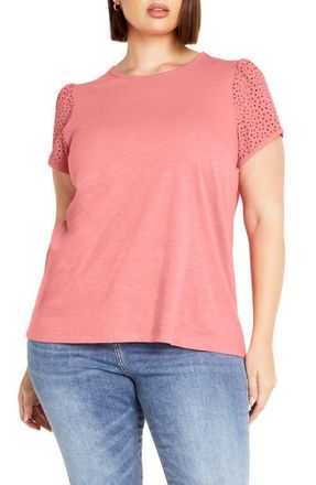 City Chic Linny Eyelet Puff Sleeve Cotton Top in Pink at Nordstrom, Size Xl