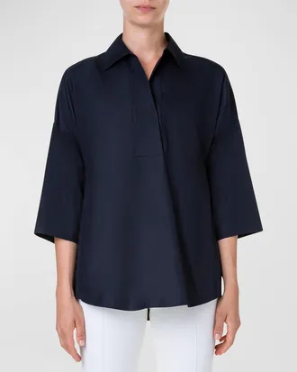 Akris Kimono-Sleeve Split-Neck Blouse