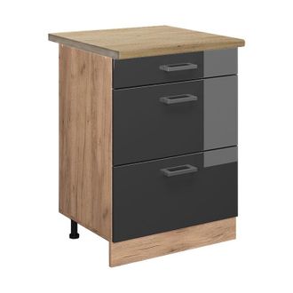 Vicco Mueble Bajo De Cocina R-line, Antracita Alto Brillo, 60 Cm Con Cajones, Et Roble, Vicco