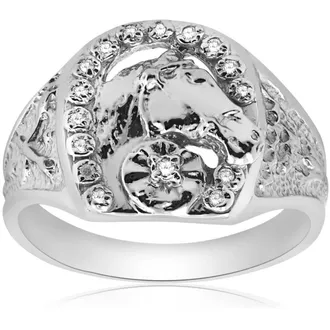 Pompeii3 Mens Diamond Lucky Horseshoe Ring 10K White Gold Size Selectable