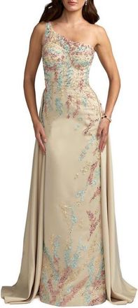 Mac Duggal One Shoulder Embellished Satin Gown With Overskirt in Champagne Multi at Nordstrom, Size 10