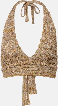 Valentino Open-knit linen-blend lam&eacute; crop top