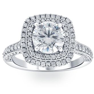 Pompeii3 3Ct Diamond & Moissanite Cushion Halo Engagement Ring in White or Yellow Gold