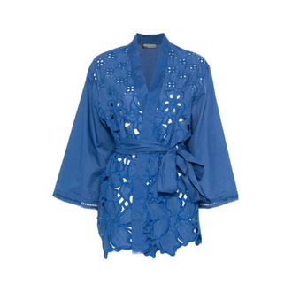 Ermanno Scervino Broderie-Anglaise Belted Coat - female - Ermanno Scervino - Kimonos - Blue - XS - Blouses & Shirts