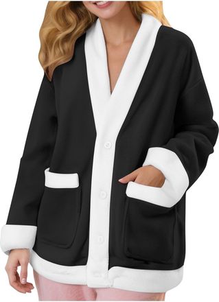 Generic Fleece Bed Jackets for Women UK Soft Fluffy Fuzzy Teddy Coat Casual Button Down V Neck Pyjamas Jackets Thickened Plush Home Wear Comfy Nightwear with 