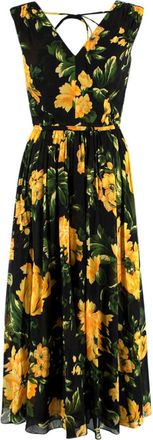 Carolina Herrera Black & Yellow Floral Midi Dress Size XXS