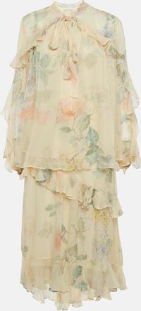 Zimmermann Yellow Floral Print Frill Detail Crepe Top & Skirt Set