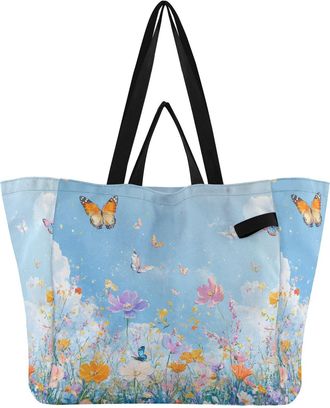 Generic Blue Butterfly Sky print Reusable Canvas Tote Bag, Heavy Duty Grocery Shopping Bag with Double Handles Hard Bottom Large Capacity Work Groceries Trave
