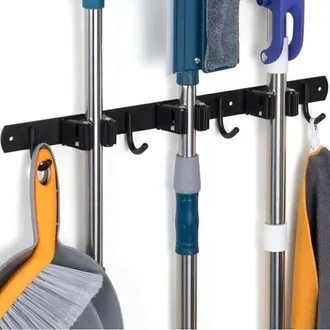 OEM [mai Usato]porta Scopa Da Parete Nero, Porta Scopa Da Parete Con 3 Staffe E 4 Ganci, Porta Scopa Da Parete Senza Foratura, Porta Scopa Da Parete Con V