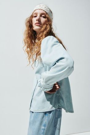 H&M Ruffle-trimmed denim blouse in Pale Denim Blue at Nordstrom, Size Xx-Large