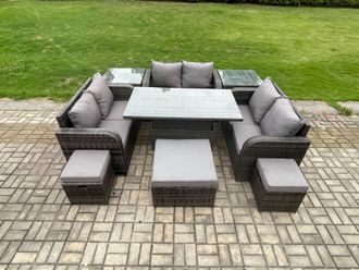 Fimous Rattan Garden Outdoor Furniture 3 PC Love Sofa Set Adjustable Rising lifting Dining Table With 2 Side Tables 3 Footstools in Dark Grey