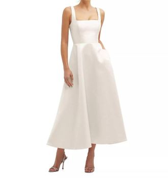 Adrianna Papell Square Neck Tea-Length Satin Formal A-Line Dress In Ivory