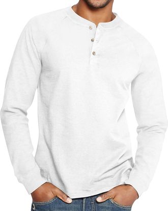 Generic Mens Plain T Shirts Heavyweight Cotton T Shirt New Mens Fashion Spring and Autumn Casual Long Sleeve Button Solid Color Long Sleeve T Shirt Top Gym We