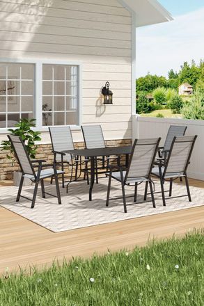 Living and Home Metal Slatted Outdoor Garden Coffee Table with 6 Foldable Chairs in Black
