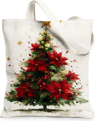 Generic Christmas Canvas Tote Bags, Festive Poinsettia Design Reusable Shopping Bags, Elegant Holiday Lightweight Washable Shoulder Strap Canvas for Travel Gr
