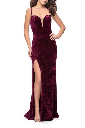 La Femme Crushed Velvet Form Fitting Gown with Leg Slit and Open Back in Wine at Nordstrom, Size 10
