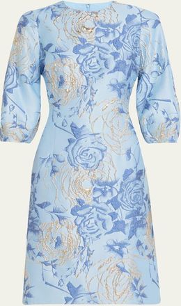 Teri Jon Puff-Sleeve Metallic Floral Jacquard Dress