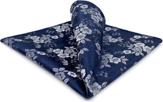 Shlax & Wing Floral Mens Pocket Square Navy Blue Silver White Handkerchiefs Woven for Party Silky Touch