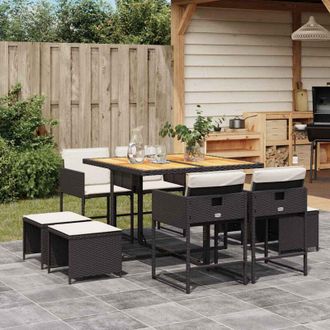 vidaXL Vidaxl - Set De Comedor De Jard&iacute;n 9 Pzas Y Cojines Rat&aacute;n Sint&eacute;tico Negro