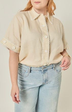 English Factory Floral Detailed Linen Shirt in Light Beige at Nordstrom, Size 3X