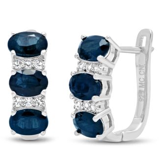 MAX + STONE Sterling Silver Oval Genuine Gemstone and White Topaz J Hoop Earrings